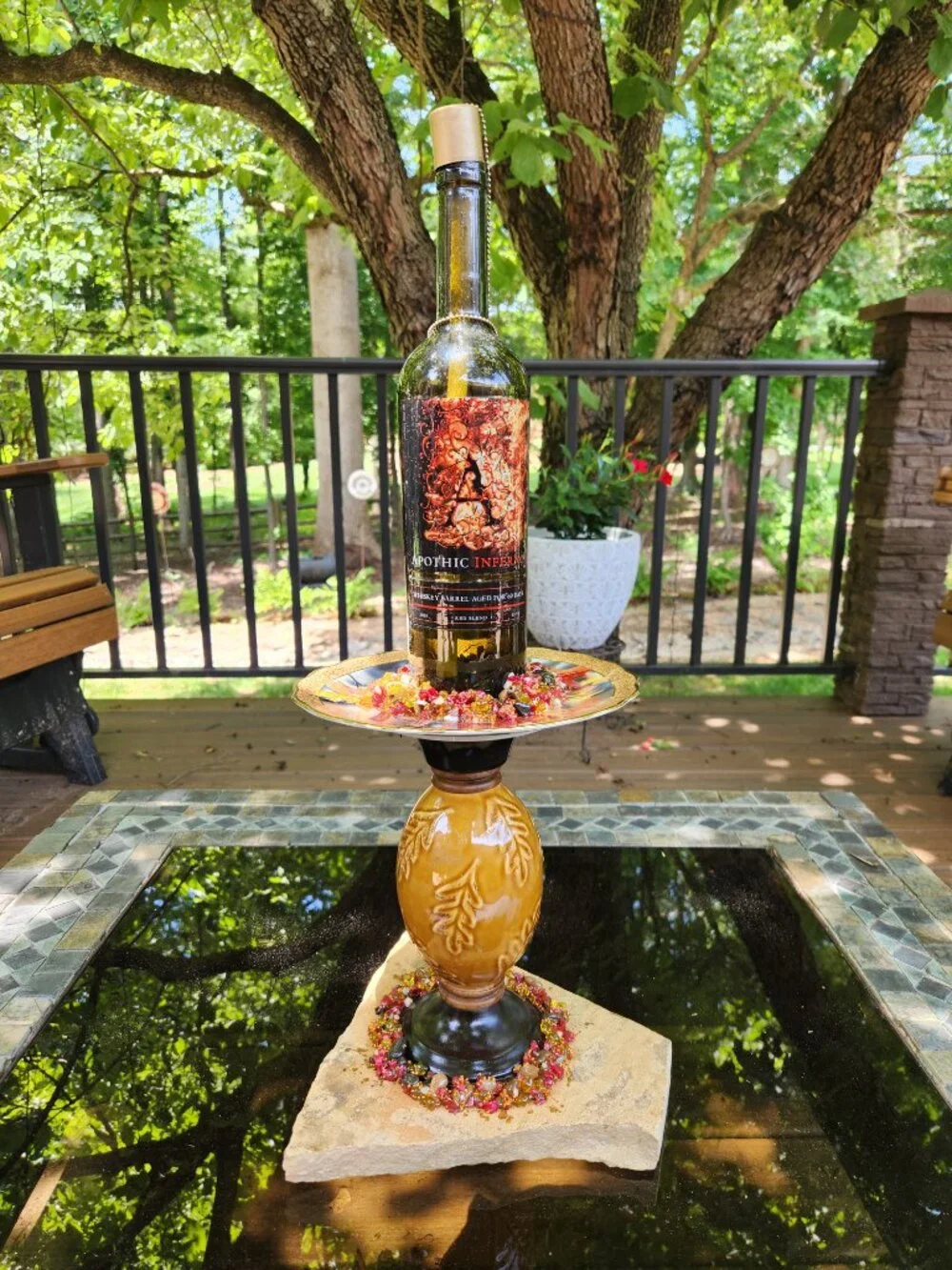 Upcycled Tiki Torch Wine Bottle Stone Bead Accent Flagstone Base